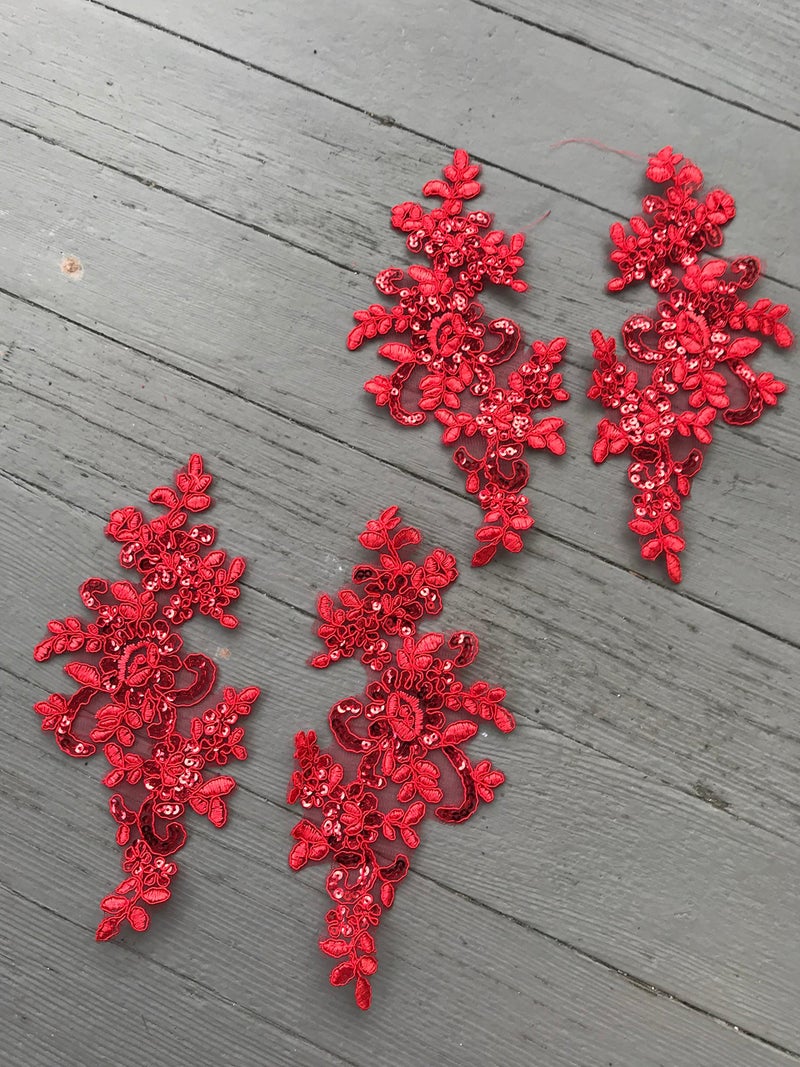 lynncollection A115 TWO Pairs Red Color Lace Appliques Wedding Applique  Lace Appliques  Embroidered Appliques - Image 1